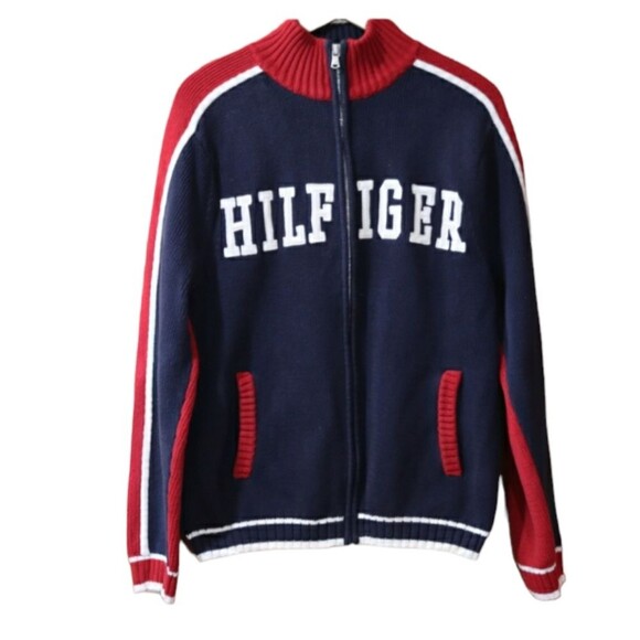 Tommy Hilfiger Vintage Full Zip Red White & Blue Cardigan Sweater Medium Spellou - Picture 1 of 9